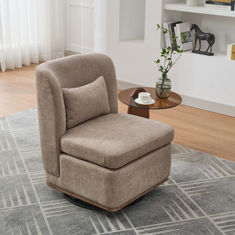 25.2"W Chenille 360°Swivel ArmlessChair with Pillow,Metal Base, Taupe Chenille