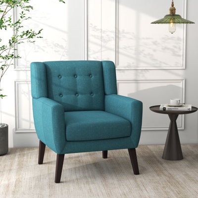 Jaqueze Upholstered Light Blue Linen Blend Tufted Wide Back Armchair with Solid Wood Leg