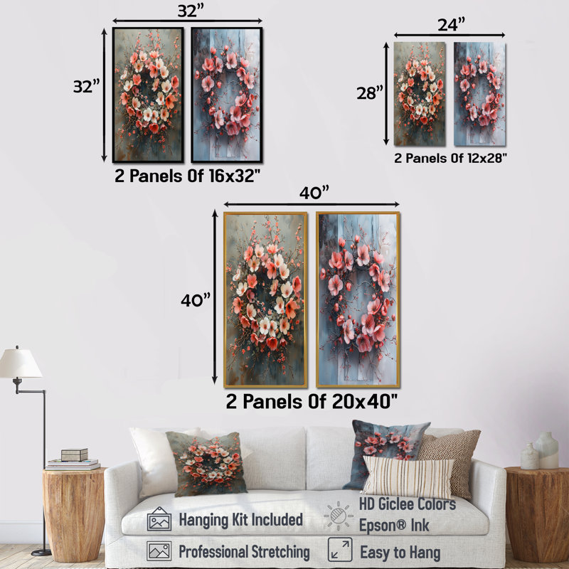 «Pink Whispers Of Spring Wreath I», ensemble de 2 pièces d'art mural couronne, H 32 po x l 32 po, Impression encadrée, Brun