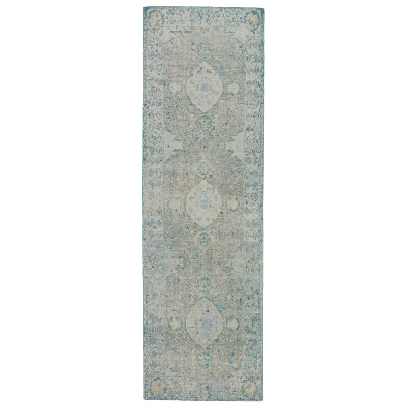 Hand Knotted Wool Oriental Area Rug in Green/Beige/Gray, Runner 3' x 10'