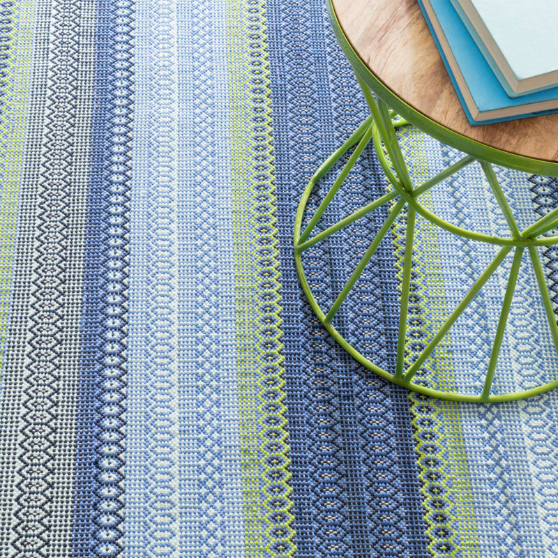 Fiesta Stripe French Blue/Green Handwoven Indoor/Outdoor Rug, Rectangle 5' x 8'