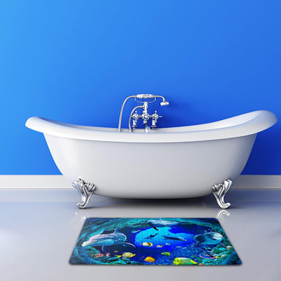 15x27" Navy Blue Ocean Bath Mat Dolphin&fish