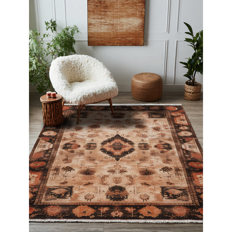 Tapis marocain brun en coton et polyester à imprimé numérique Gracianna Collection, Tapis de couloir 5 pi 3 po x 10 pi 6 po