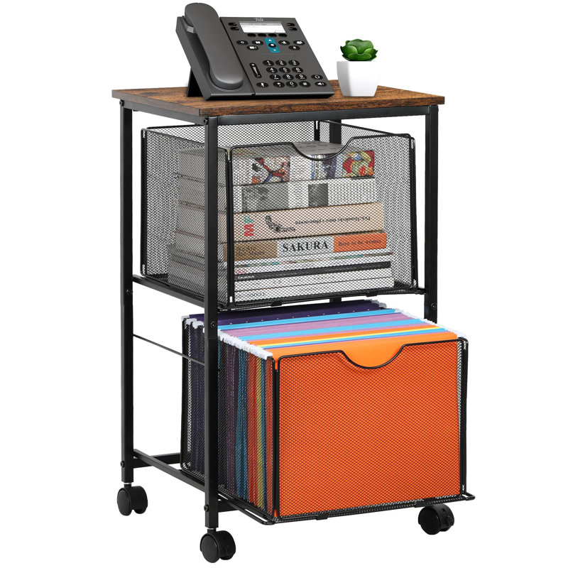 Mesh File Cart With 2 Drawers & Swivel Casters, Lockable Rolling File Organizer Cabinet For Office