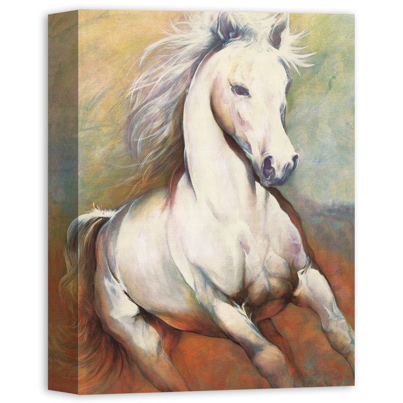 « white cheval running wild », reproduction de peinture à l’acrylique, H 16 po x l 12 po, Toile