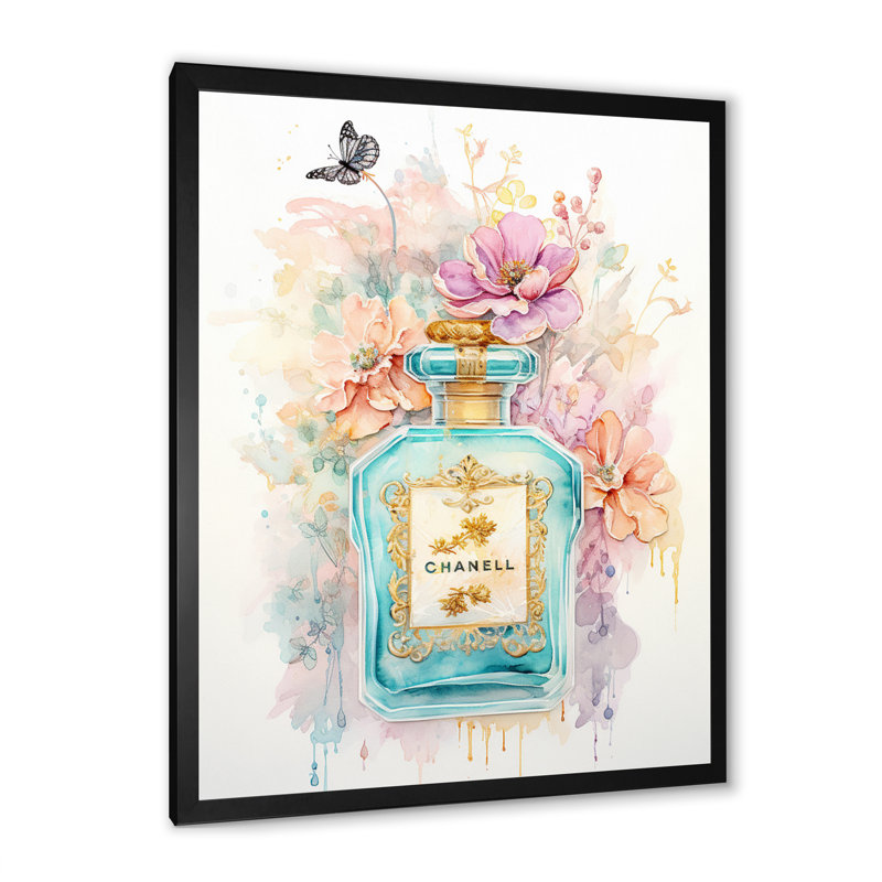 Rétro bouteille de parfum pastel floral I - Parfums, art mural, Cadre simple noir, H 40 po x l 30 po x P 1,5 po