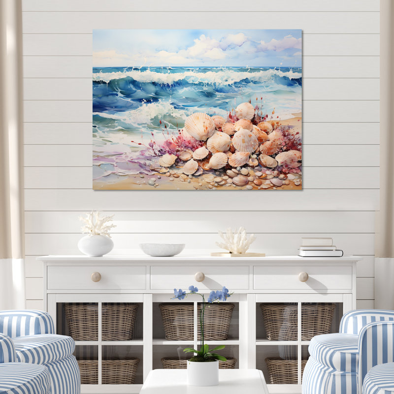 «Beah Beach Tranquil Tide Pointillism I», reproduction d'art sur toile, 30" H x 40" W, Gold Picture Framed