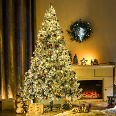 Arbre de Noël artificiel de 7,5 pi de hauteur avec 1149 branches floquées par la neige, 550 lumières DEL blanc chaud ou coloré, base en acier