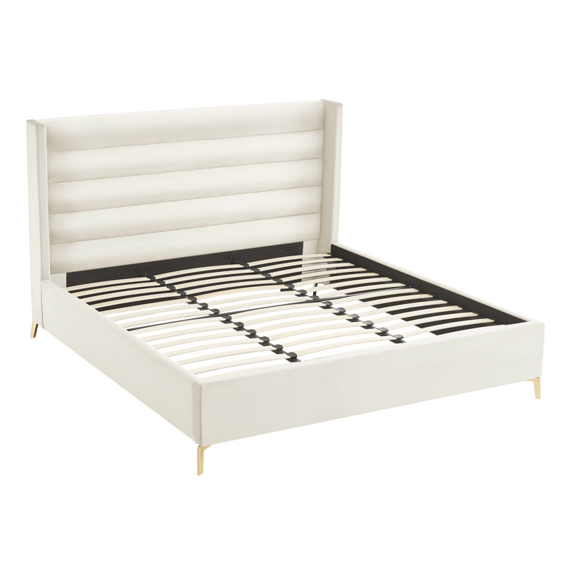 Lit plateforme capitonné à profil bas, Très grand, Velours crème / blanc