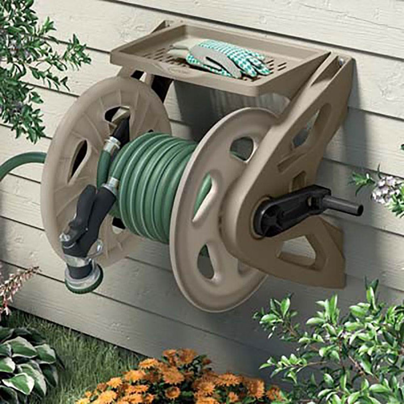 Suncast Taupe Resin Wall Mounted Hose Reel with Tray