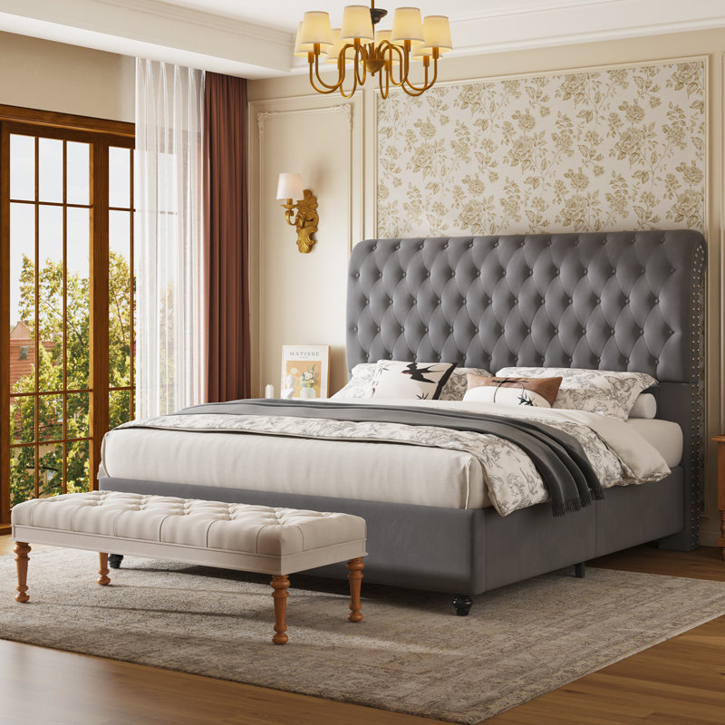 Jamileth King Upholstered Sleigh Bed with Tall Button-Tufted Headboard and Nailhead Trim, Gray, Gray, King