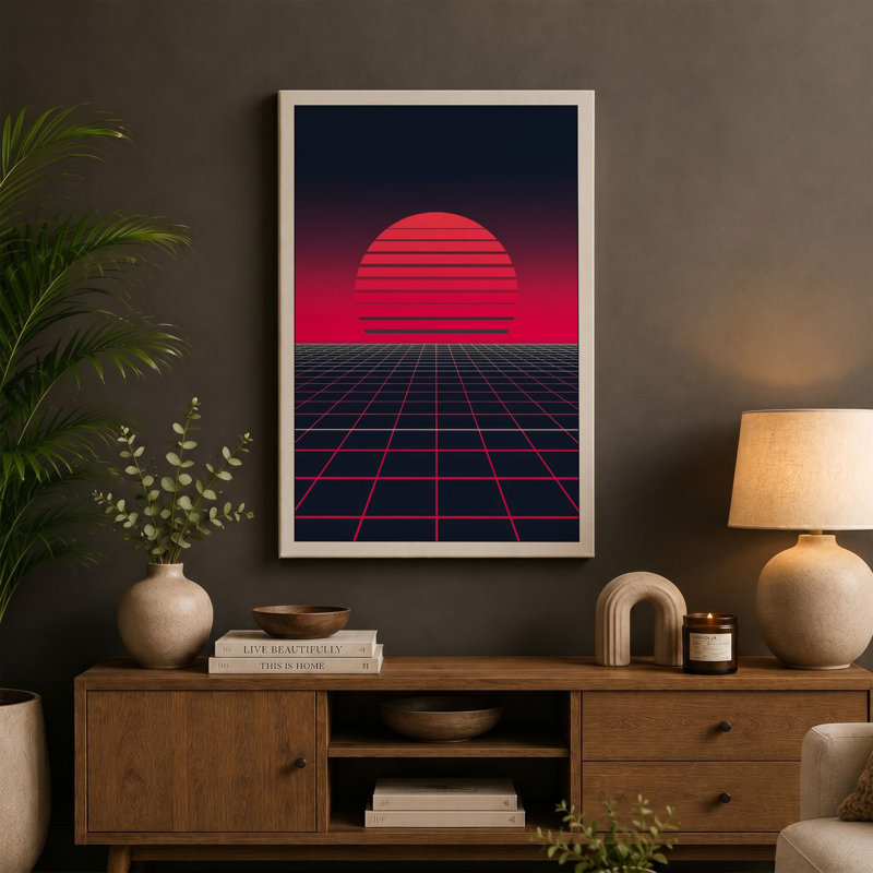 Neon Horizon Retro 1 Piece Wrapped Canvas Wall Art, 18x12 - 45.7 x 30.5 cm, Terracotta Border