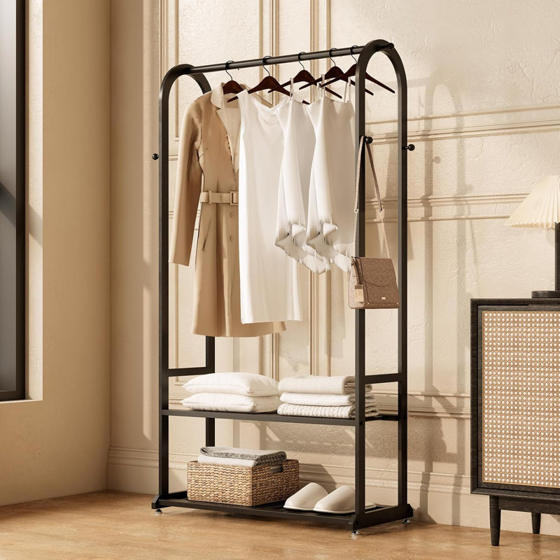 Black Heavy Duty Metal Garment Rack with Shelves and Hooks