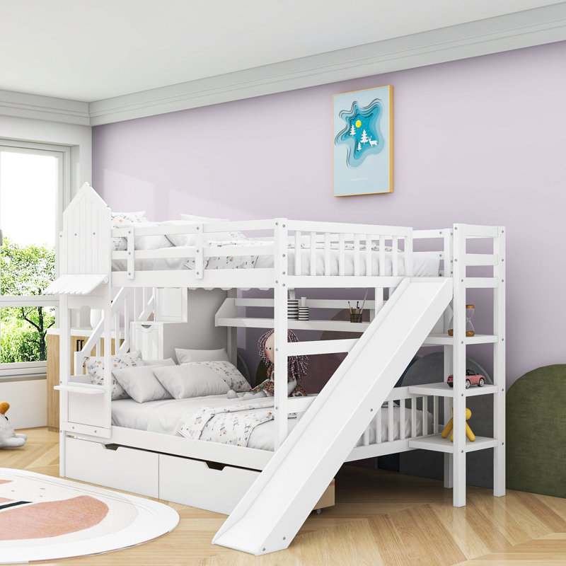 2 Drawers Bunk Bed with Storage Stairs, Slide and Shelves, Full over Full, White