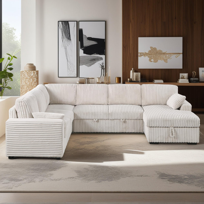 L-Shaped Sectional Sofa Bed Pull Out Sleeper Couch With Storage Chaise, Beige