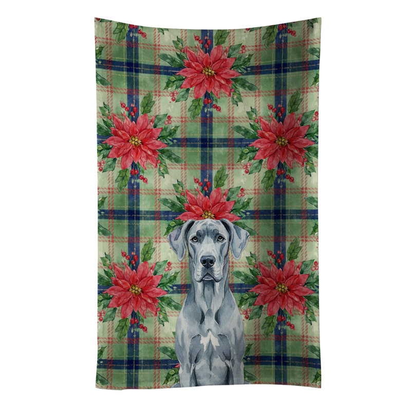 Blue Great Dane Christmas PoinsettIas Kitchen Towel, Blue Great Dane