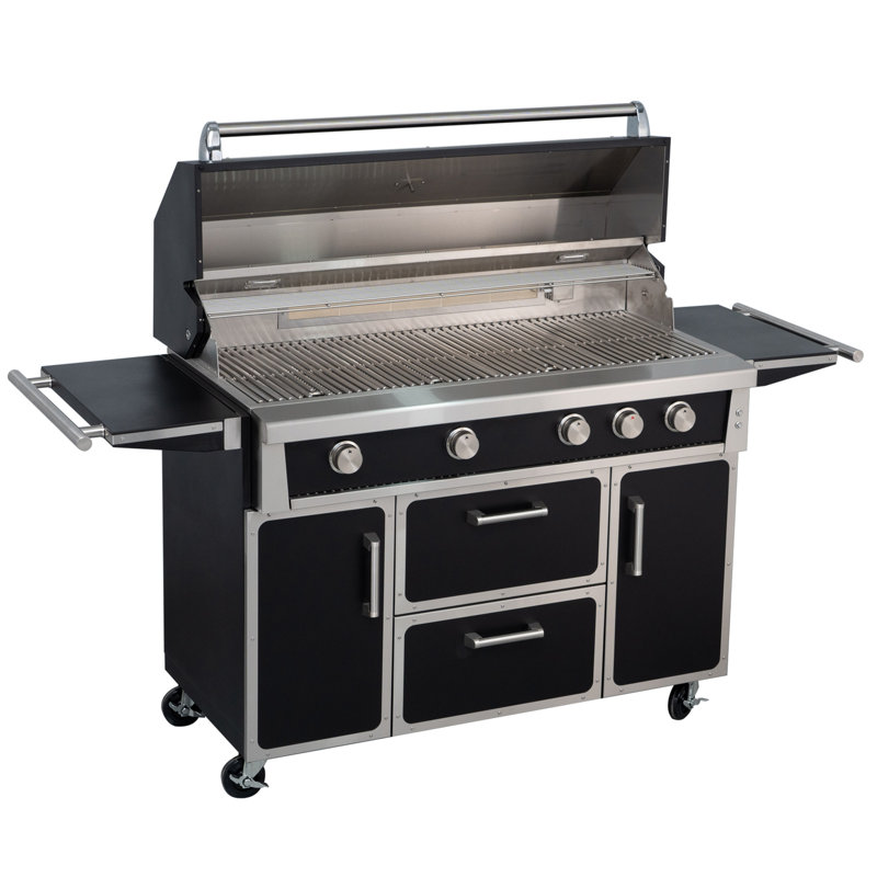 Barbecue au gaz 49 po modulaire autoportant avec brûleur arrière infrarouge à 4 brûleurs, tiroirs et armoires de rangement, noir (99 000 BTU, acier inoxydable 304)