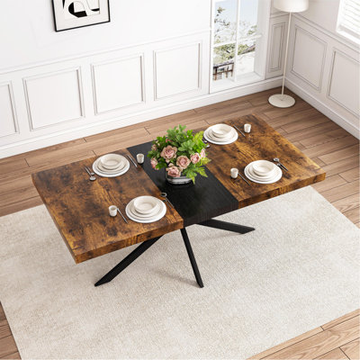 Table de salle à manger rectangulaire de 55,11 po à 70,86 po, plateau en bois antique et plaque en relief noir, table de salle à manger en fer fin noir avec pied en fer et boîte de rangement.