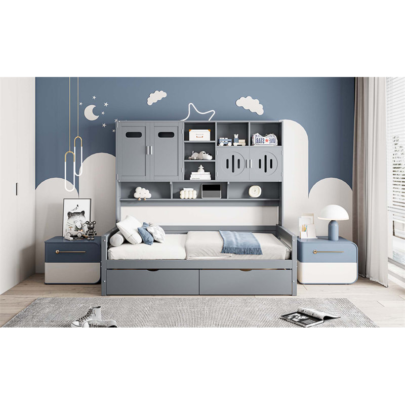 Lit de jour en bois avec tiroirs, armoire et tablette tout-en-un, Lit simple, Gris