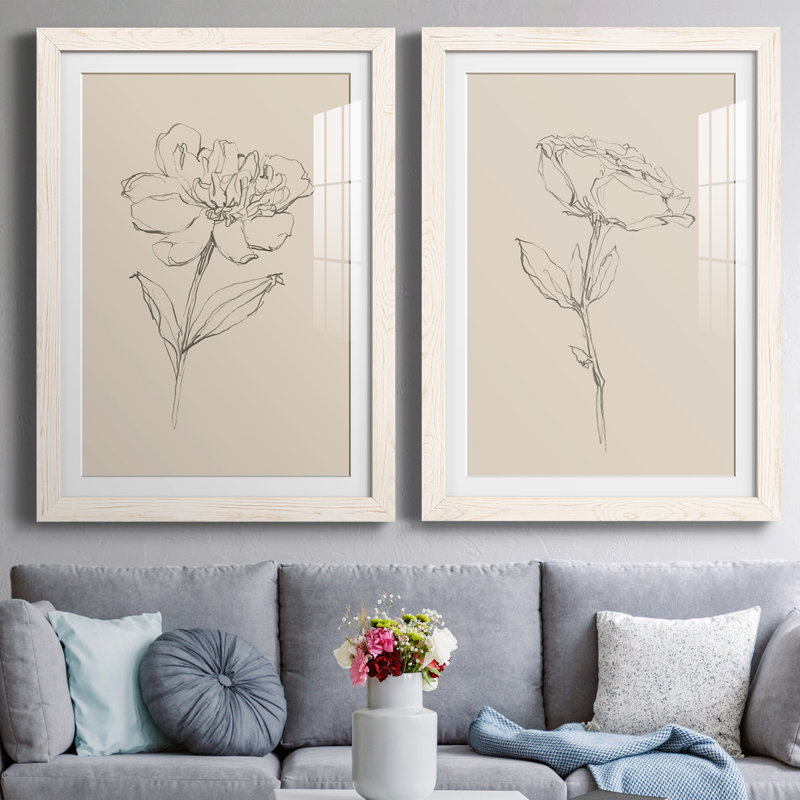 Floral Contour Study III Premium encadré mat - prêt à être accroché, Cadre blanc, H 20 po x l 34 po x P 1,5 po