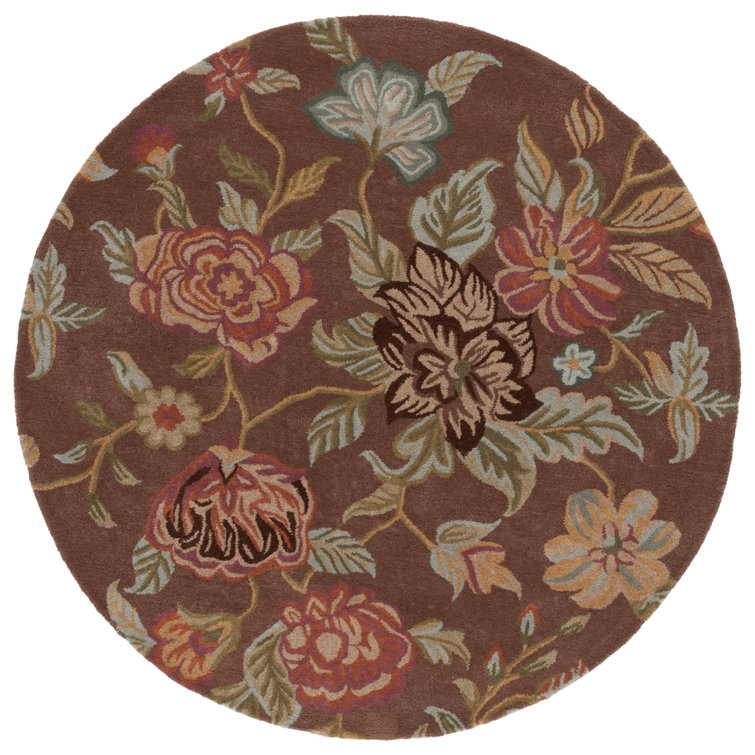 Emrick Hand Hooked Wool/Cotton/Latex Floral Rug in Brown