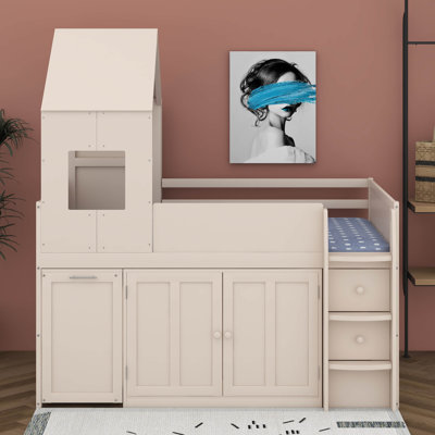 Twin Size Loft Bed With Desk & Cabinet, Wood House Shape Loft Bed With Roof, Drawers For Teens Children Bedroom