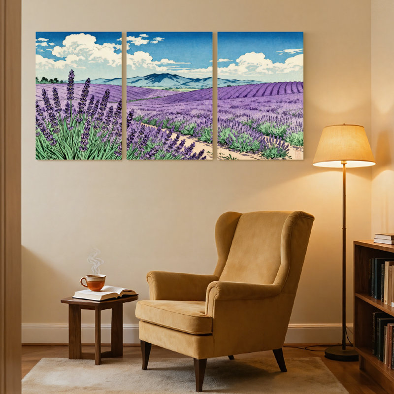 Lavande champ ciel montagnes réflexion chemin verdure ensemble de 3 impressions d'art sur toile, H 36 po x l 72 po