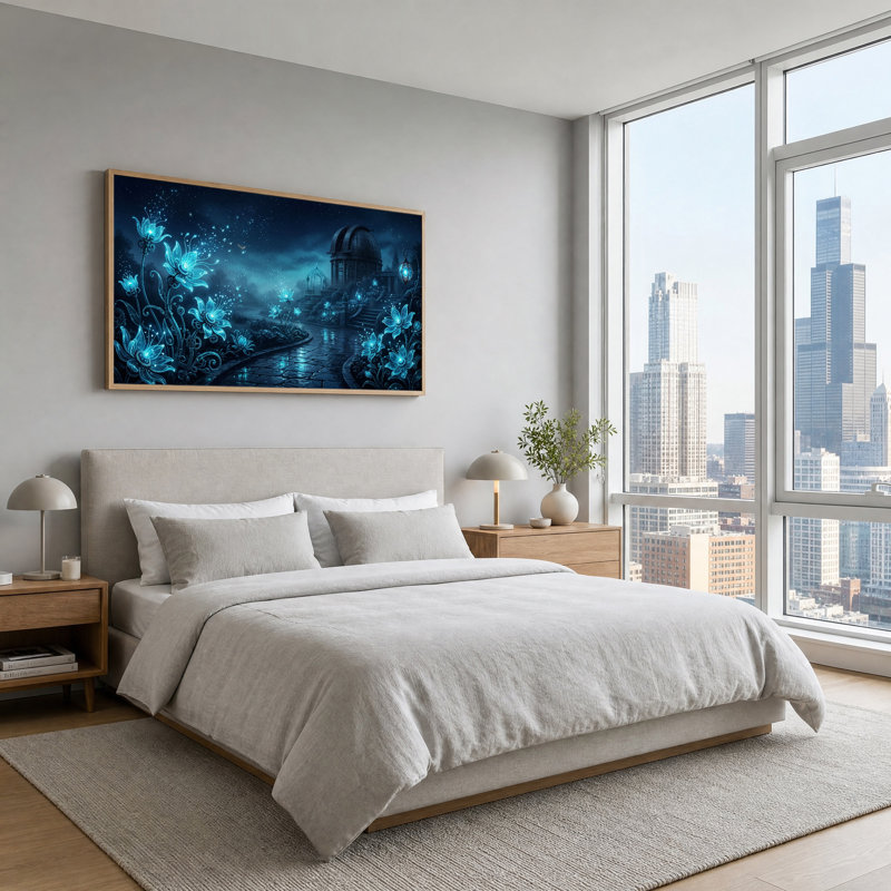 Glowing Blue Mechanical Flowers at Observatory Canvas Wall Art