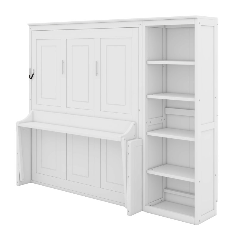 Lit escamotable avec bureau et bibliothèque Murphy - lit mural pliable, mobilier peu encombrant, Blanc, Grand lit