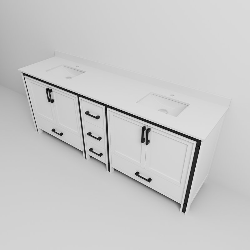 Meuble-lavabo double avec comptoir en quartz blanc, Blanc
