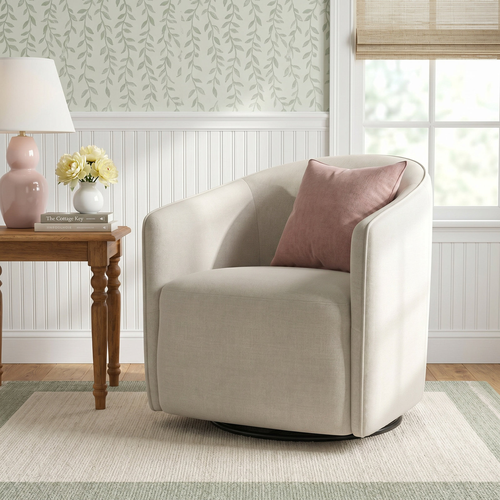 Caines Linen Swivel Barrel Chair, Effie Linen Performance Linen