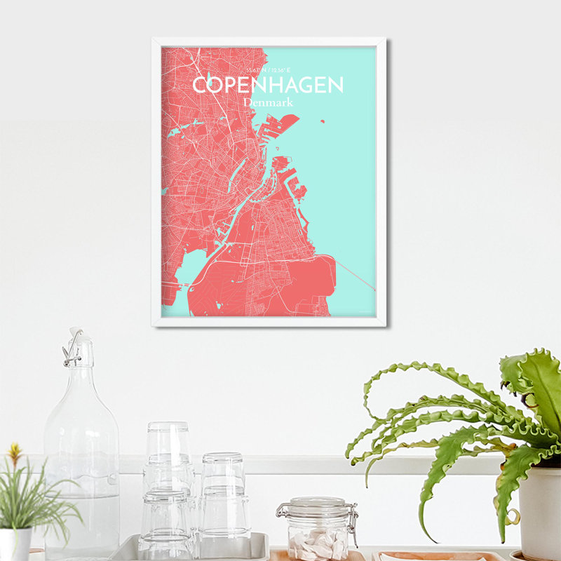 Copenhagen City Map in Maritime 1 Piece Wall Art, 20cm H x 16cm W x 0.05cm D