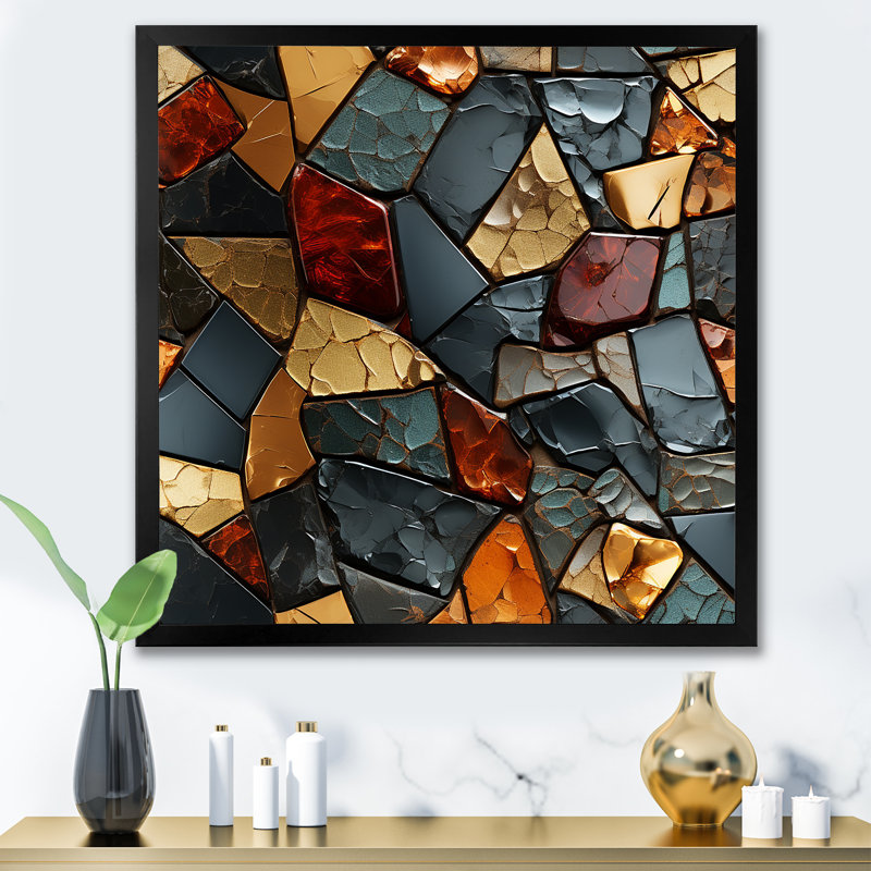 Carreaux de mosaïque dorés et bleus II - art mural abstrait, Cadre simple noir, H 36 po x l 36 po x P 1,5 po