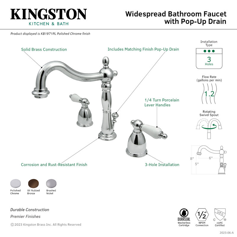 Kingston Brass Heritage Two-Handle 3-Hole Deck Mount Widespread Bathroom Faucet with Pop-Up Drain, Oil Rubbed Bronze