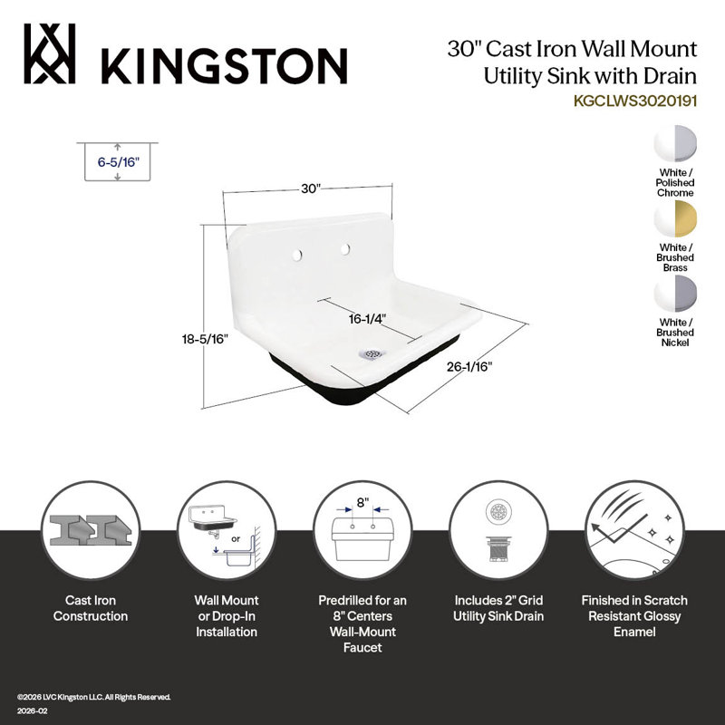 Évier utilitaire mural en fonte à cuve simple 30 po Kingston, Nickel brossé / blanc
