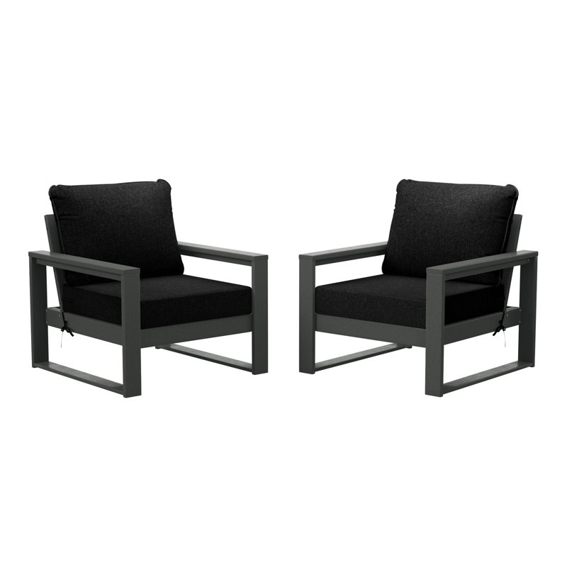Fauteuil club de patio à assise profonde avec cadre (ensemble de 2), Gris, Noir, noir, noir, noir