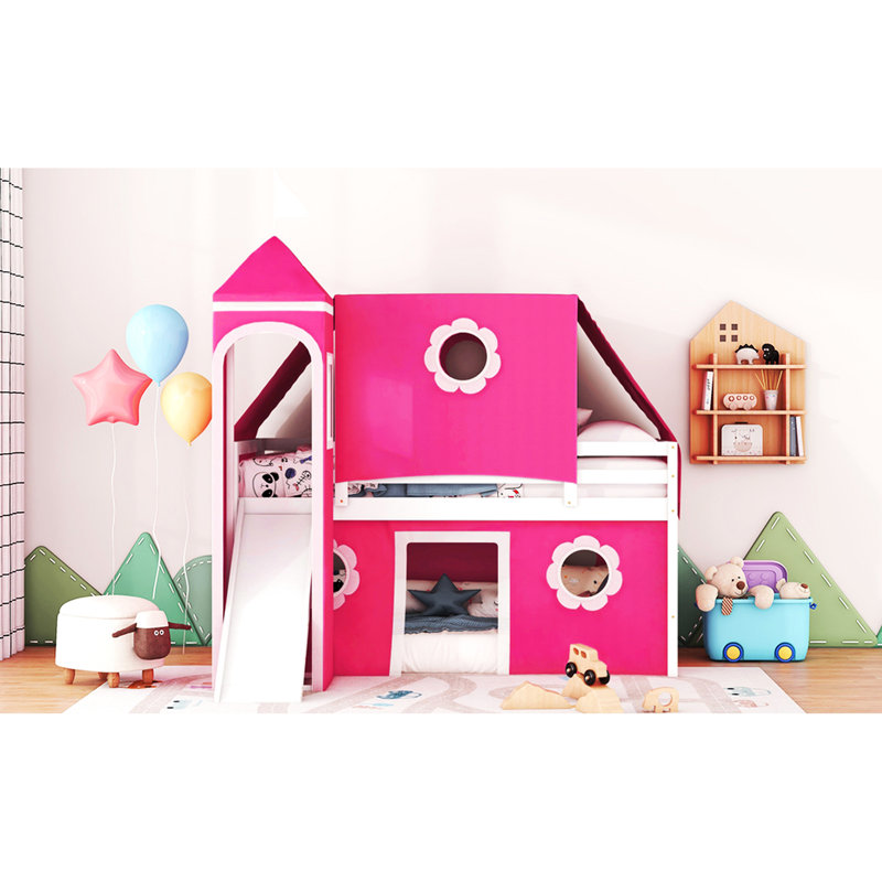 Lit mezzanine simple rose avec tente et tour à glissière