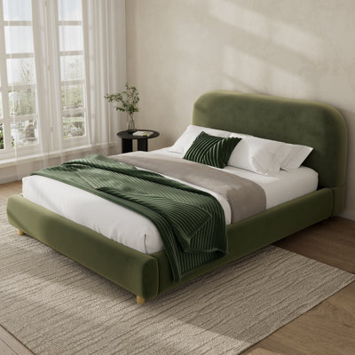 Liz Boucle Upholstered Bed With Curved Headboard & Wooden Frame