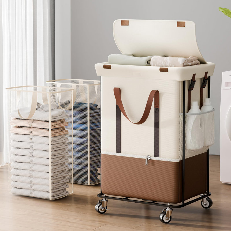 Double panier à linge avec couvercle, panier à linge roulant avec roulettes 2 sections grande capacité (150L / blanc), White