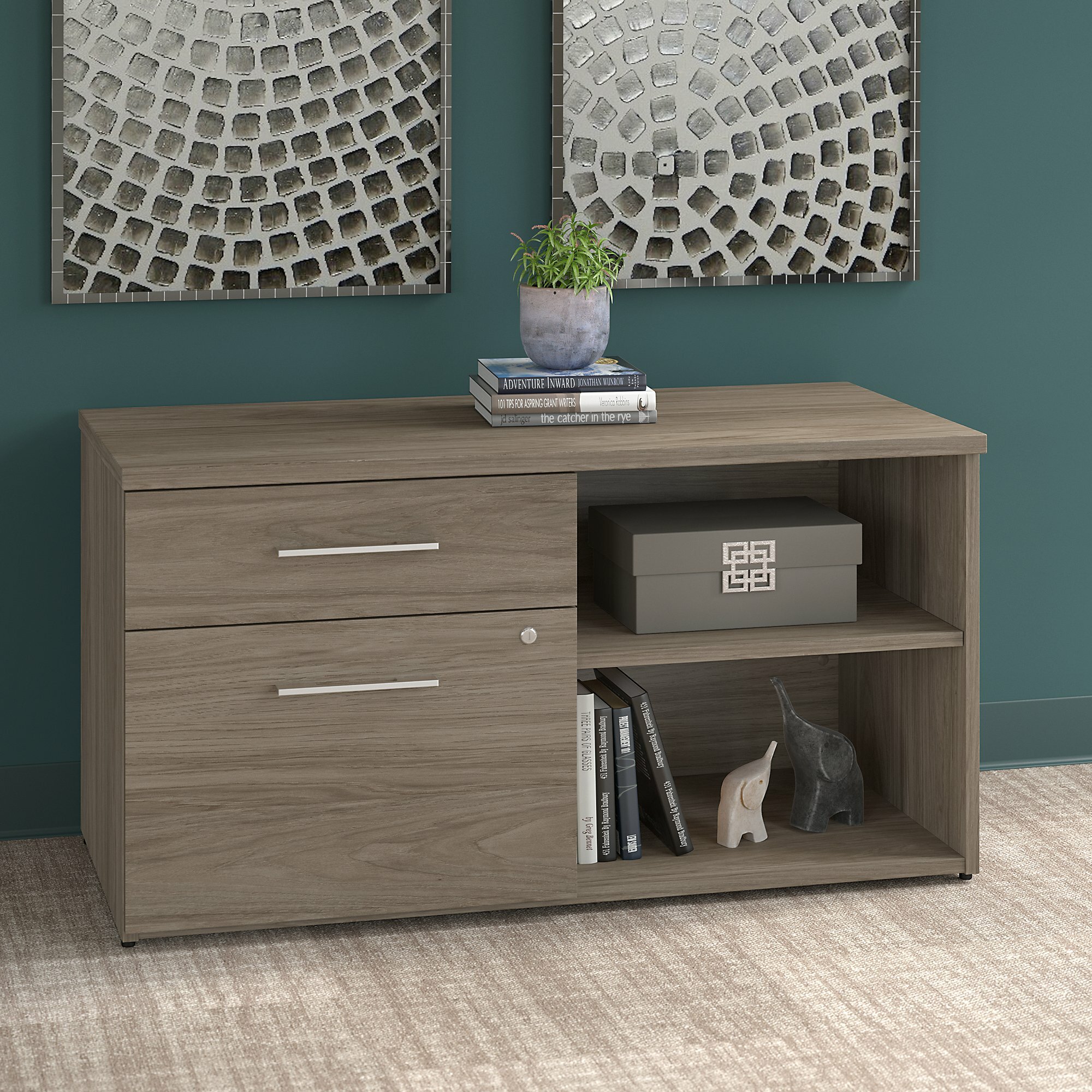 Bush Business Furniture Hybrid Office Storage Cabinet with Drawers and Shelves Black Walnut