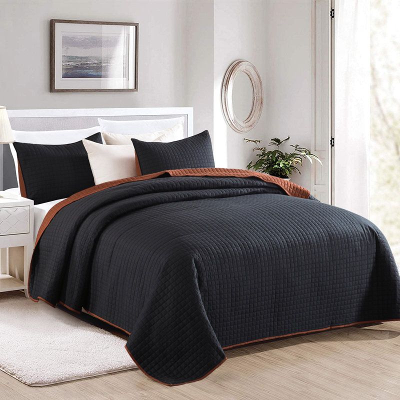 A-QSM0720220121 Modern & Contemporary Quilt, Queen Quilt + 2 Queen Shams, Black