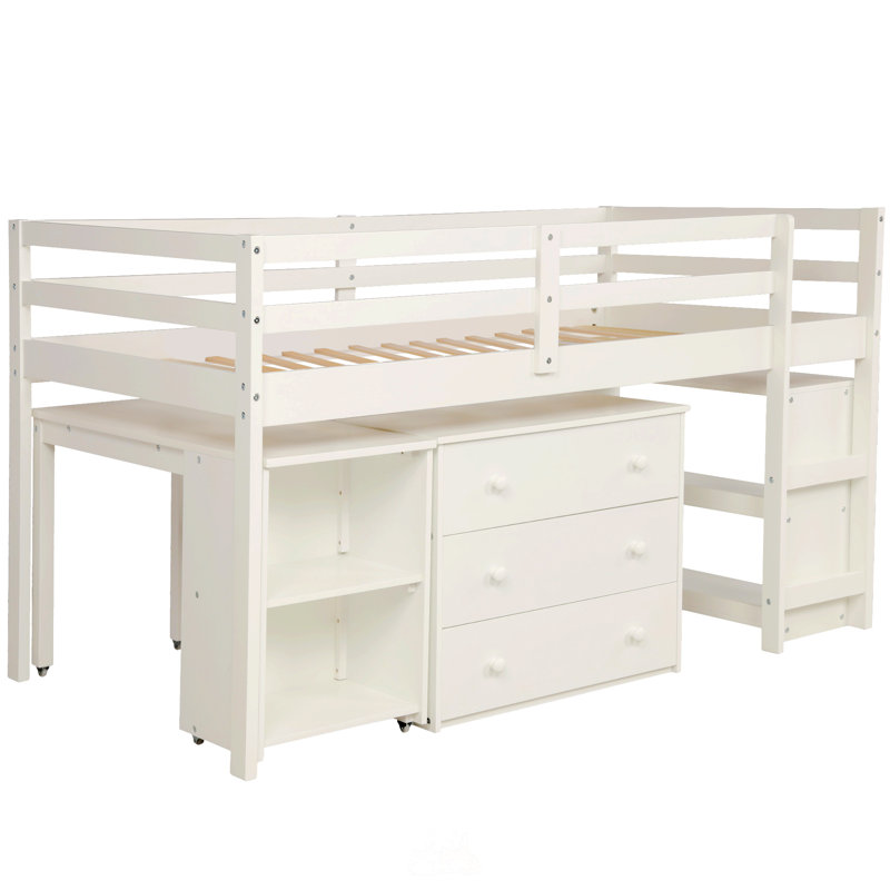 Lit simple, lit mezzanine avec armoire et bureau portatif à roulettes, Blanc