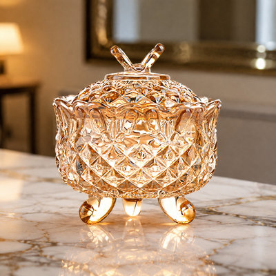 Crystal Glass Embossed Snack Candy Storage Jar with Lid Amber Decorative Canister Jewelry Cookie Container