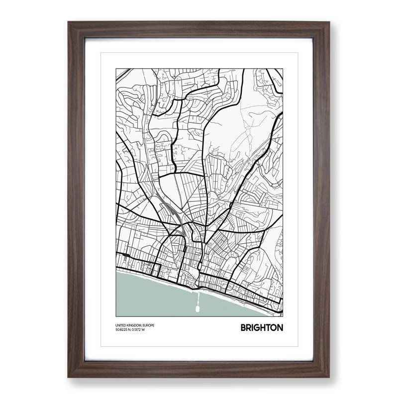 Map Brighton UK - Picture Frame Graphic Art, Walnut Framed, 36cm H x 27cm W x 2cm D