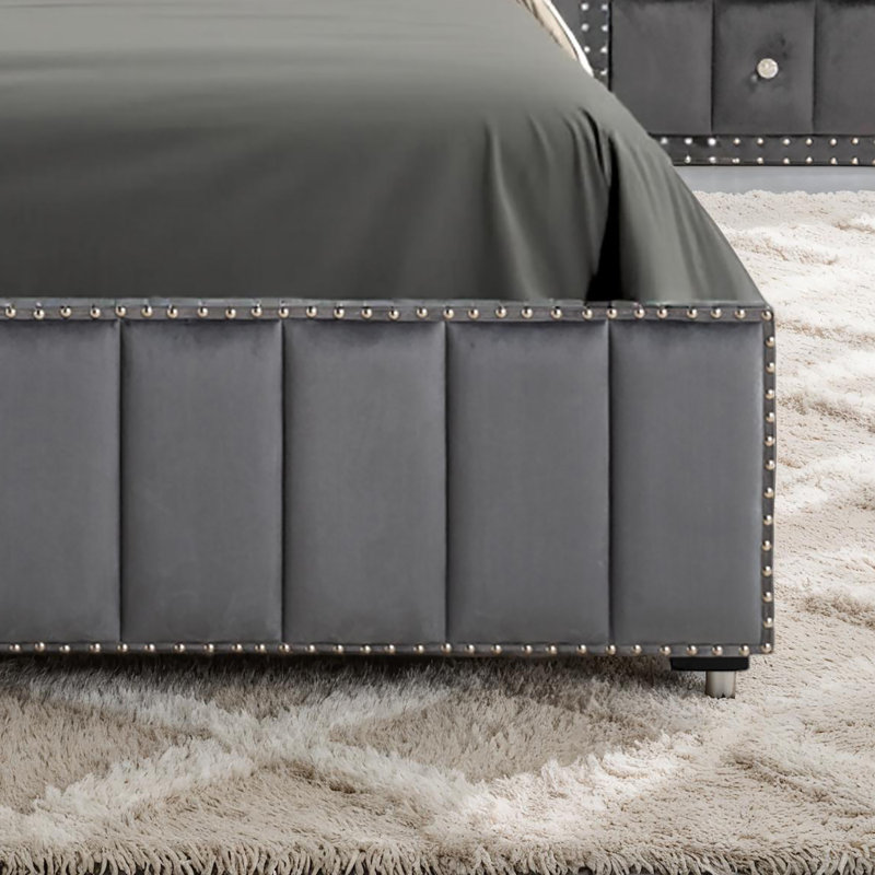 Lit plateforme Drea avec tablettes, livres et tablettes, Gris, Double
