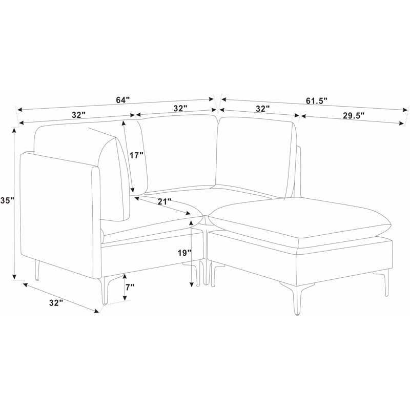 Canapé modulaire en lin avec pieds en métal, Lin bleu foncé, H 35 po x l 64 po x P 61,5 po, Orienté vers la gauche