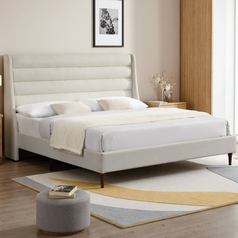 Upholstered Platform Bed Frame with High Wave-Shaped Headboard, Premium Chenille Fabric in Ivory, Modern Minimalist Design with 12 Wood Slats & 1000 lb Capacity
