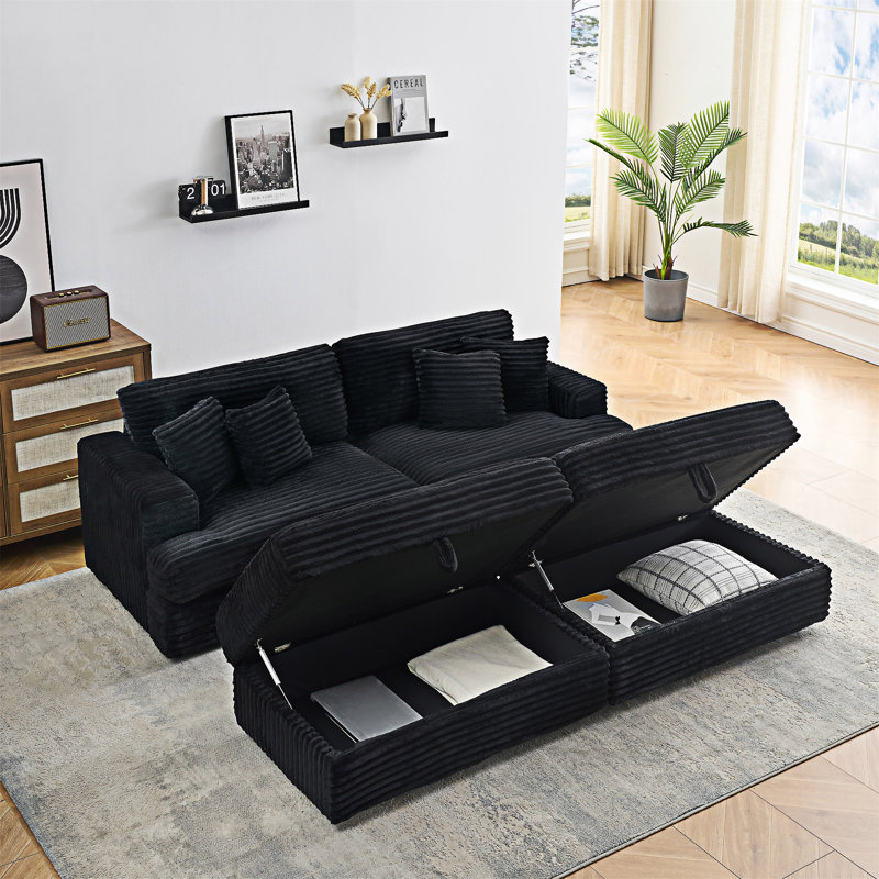 Upholstered Sofa With Footrest And Throw Pillows, Black