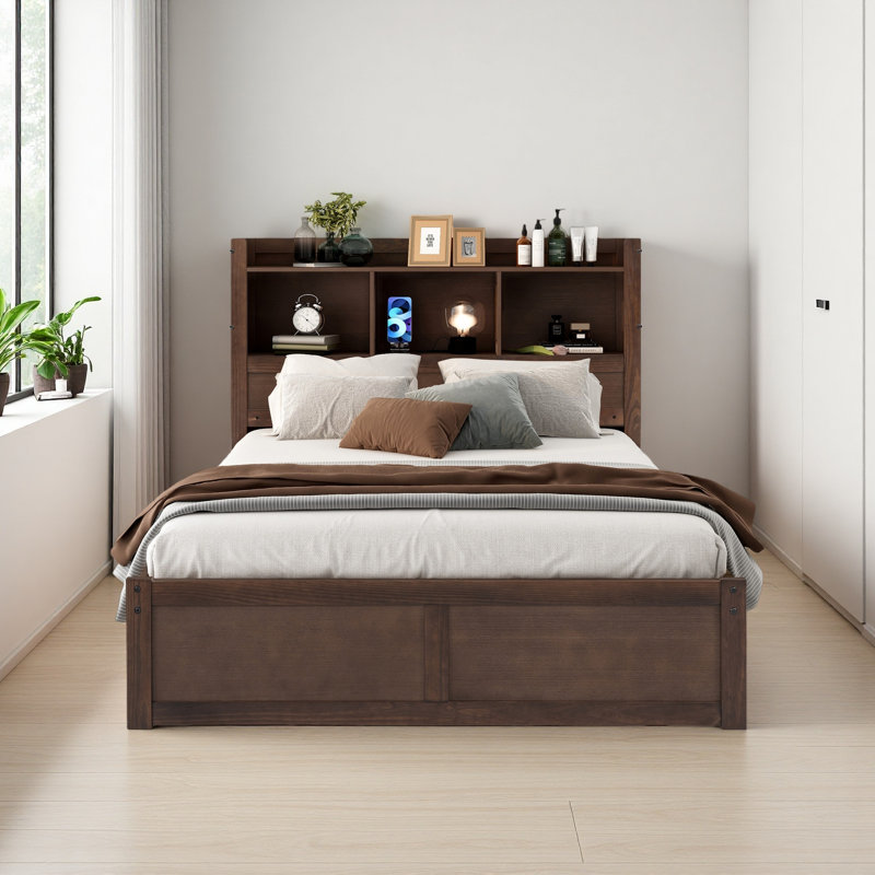 Lit plateforme pleine grandeur avec tablettes coulissantes, lit gigogne simple et 2 tiroirs, Espresso