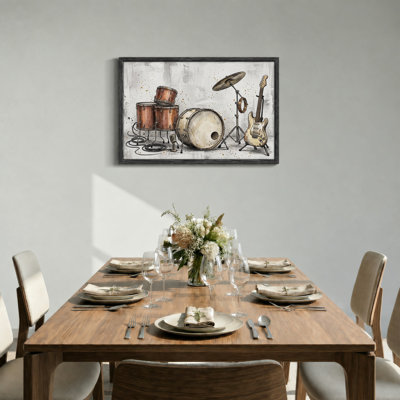 Copper Drum Kit And Electric Guitar With Vintage Microphone Canvas Wall Art
